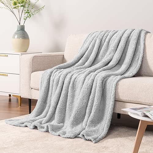 PAVILIA Light Grey Plush Throw Blanket for Couch, Sherpa Soft